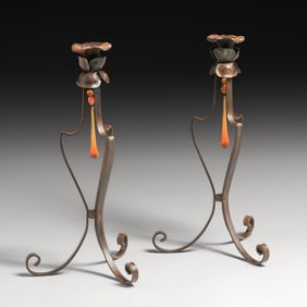 Arts & Crafts Hand-Forged Iron & Glass Candlesticks c1920s