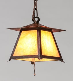Arts & Crafts Period Hammered Copper & Slag Glass Hanging Light c1910