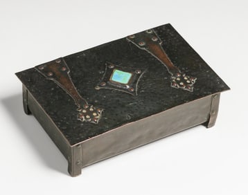 English Arts & Crafts Hammered Copper & Ruskin Enamel Strap-Hinge Box c1900
