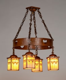 Rare & Important Handel Hammered Copper Overlay Four-Light Chandelier c1910