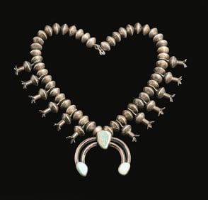 Early Navajo Squash Blossom Silver & Turquoise Necklace c1920s
