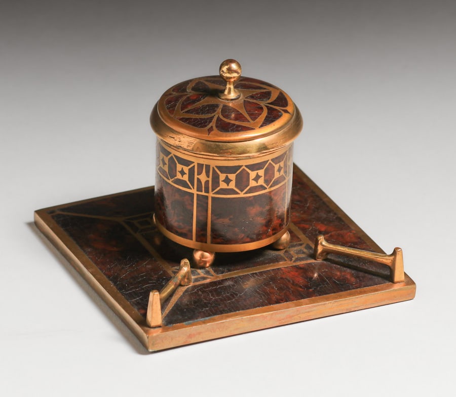Erhard & Sohne – German Arts & Crafts Mahogany & Brass Inkwell Desk Piece c1905 (1 of 7)