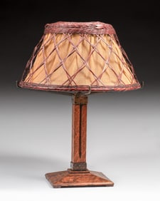 Gustav Stickley Oak & Japanese Wicker Lamp c1910
