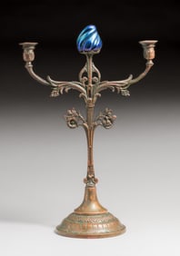 Aesthetic Movement Bronze & Art Glass Double Candlestick c1900