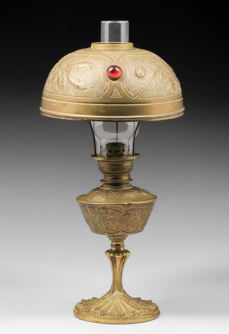 Aesthetic Movement Hammered Brass & Glass Cabochon Kerosene Lamp c1890s (1 of 8)