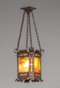 Arts & Crafts Period Cutout Copper & Iridescent Slag Glass Hanging Light c1910