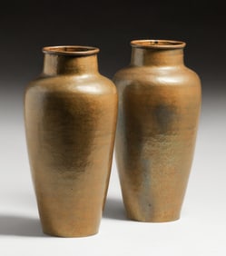 Matched Pair Harry St John Dixon Hammered Brass Vases 1920