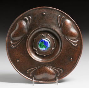 Nelson & Edith Dawson - Chiswick, England Hammered Copper & Enamel Charger c1902