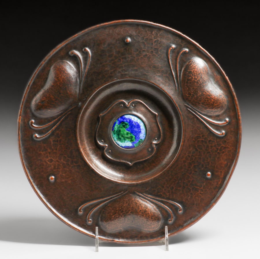 Nelson & Edith Dawson - Chiswick, England Hammered Copper & Enamel Charger c1902 (1 of 6)