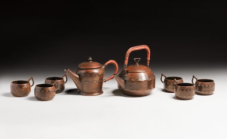 WMF - German Secessionist Hammered Copper Tea Set c1905