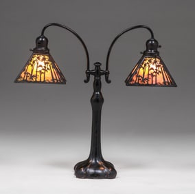Handel Palm Tree Overlay Double Lamp c1910