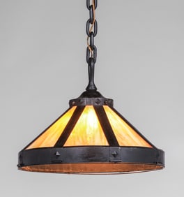 Arts & Crafts Period Iron & Curved Slag Glass Hanging Chandelier c1910s