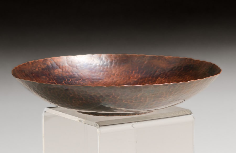 Doris Ristland Hammered Copper Bowl c1930s: Doris Ristland Hammered Copper Bowl c1930s. Although little is known about her work, she seems influenced or trained by Harry St John Dixon. Signed. Excellent new patina. 11.25"d x 2.25"h FREE NATIONW