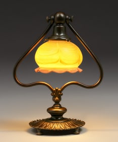 Tiffany Style Bronze Lamp Quezal Art Glass Shade c1910s