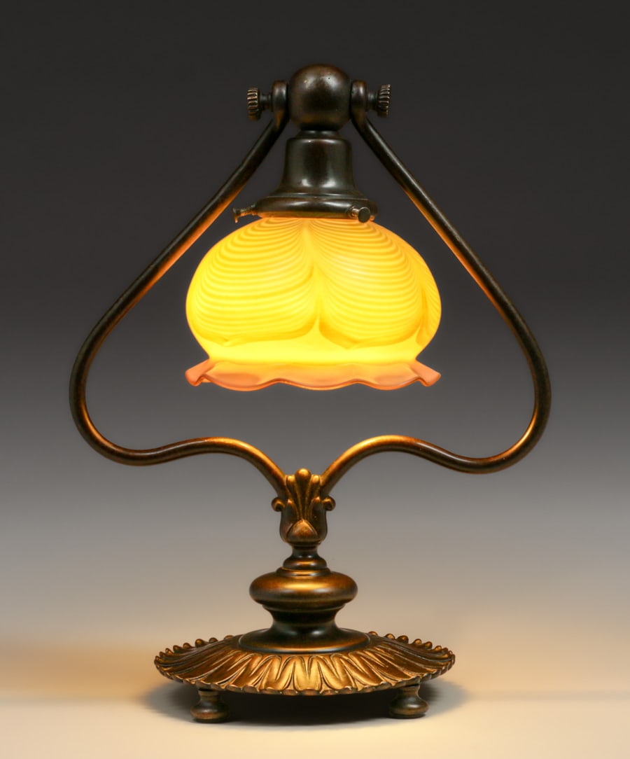 Tiffany Style Bronze Lamp Quezal Art Glass Shade c1910s (1 of 7)
