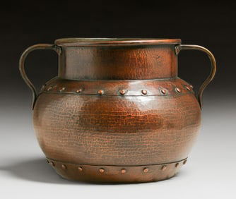 Arts & Crafts Period Hammered Copper Two-Handled Riveted Jardiniere c1910