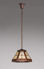 Arts & Crafts Period Hammered Copper & Slag Glass Hanging Light c1910s