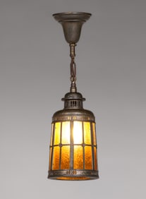 Arts & Crafts Period Brass & Amber Glass Hanging Light c1920