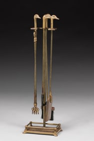 Vintage Mallard Duck Head Brass Fireplace Tool Set c1920s