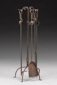 Contemporary Arts & Crafts Iron Fireplace Tool Set c1980s