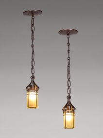 Pair English Arts & Crafts Hammered Copper & Vaseline Glass Hanging Pendant Sconces c1900s