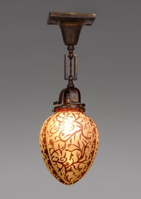 Arts & Crafts Period Brass & Acid-Etched Pendant Glass Hanging Fixture c1910
