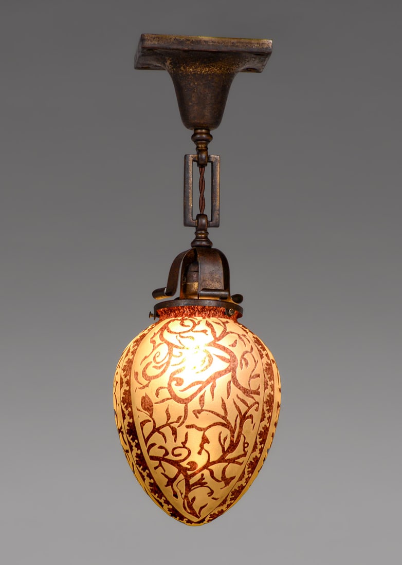 Arts & Crafts Period Brass & Acid-Etched Pendant Glass Hanging Fixture c1910 (1 of 5)