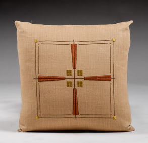 Contemporary Arts & Crafts Prairie School Hand-Embroidered Pillow c2010