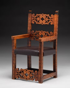Arts & Crafts Period Pyrography Carved Armchair c1900