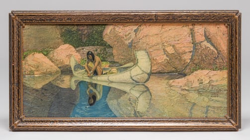 Robert Wesley Amick (1879-1969) Period Lithograph "Indian by Canoe" c1910s