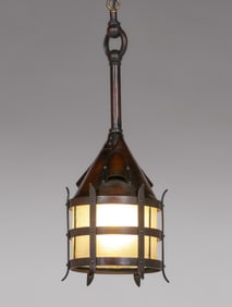 Arts & Crafts Period Copper & Milk Glass Strap-Rivited Hanging Fixture c1910s