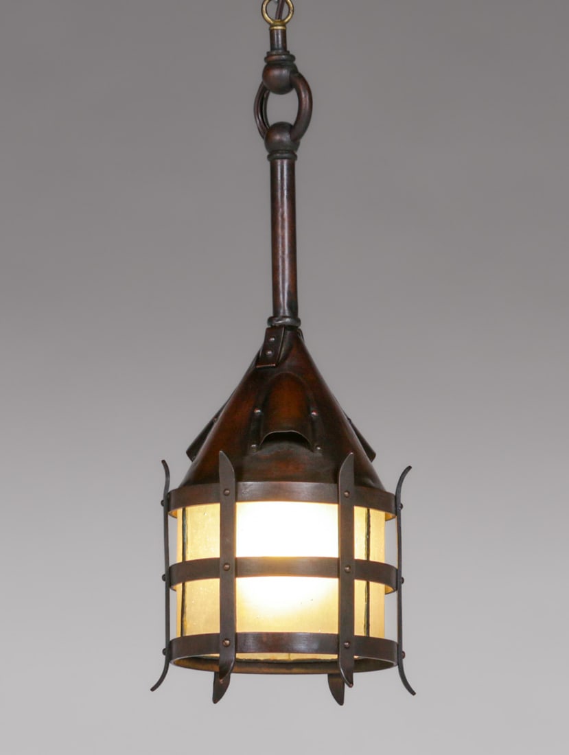 Arts & Crafts Period Copper & Milk Glass Strap-Rivited Hanging Fixture c1910s (1 of 5)