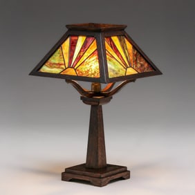 Arts & Crafts Oak & Leaded Glass Sunset Lamp c1910