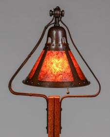 Michael Adams Aurora Studios Gustav Stickley Designed Hammered Copper, Mica & Oak Floor Lamp c1995