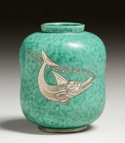 Gustavsberg - Sweden "Argenta" Silver Overlay Swordfish Vase after 1930