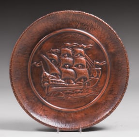 Arts & Crafts Repousse Hammered Copper Galleon Ship Tray c1910s