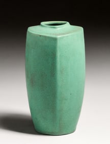 Teco Pottery #336 Matte Green Three-Sided Vase c1910