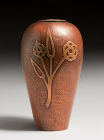 Agatha van Erp Student Hammered Copper & Brass Cutout Floral Vase c1930s