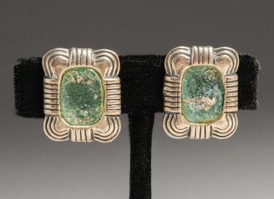 Arts & Crafts Period Sterling Silver & Green Stone Earrings c1910s