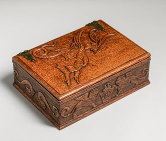 English Arts & Crafts Sterling Silver Manicure Set & Carved Oak Box 1902