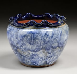 Royal Doulton Cobalt Blue Ruffled Rim Stoneware Jardiniere c1920s