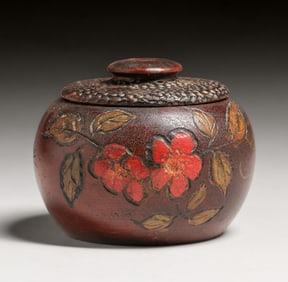 Arts & Crafts Period Hand-Carved & Painted Pyrography Covered Bowl c1910