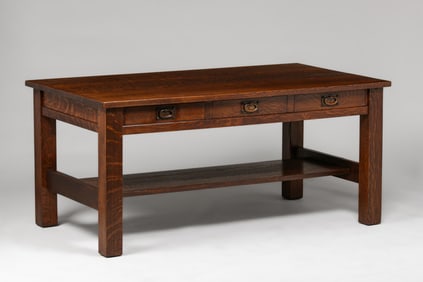 Large Gustav Stickley Three-Drawer Library Table c1910
