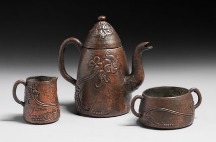Arts & Crafts Period Hammered Copper Three-Piece Coffee Set c1910s