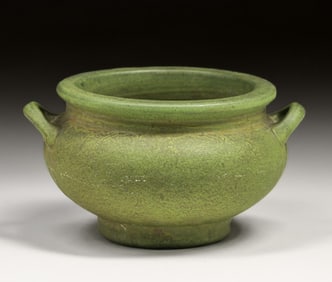 Small Roseville Pottery Early Carnelian Matte Green Two-Handled Jardiniere c1910s