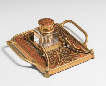 Erhard & Sohne – German Arts & Crafts Mahogany & Brass Desk Tray Inkwell c1905