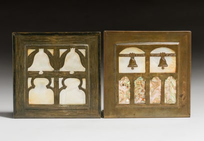 Charles Eaton - Santa Barbara Brass & Abalone Shell Mission Bell Bookends c1905
