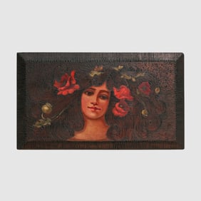 Arts & Crafts Period Hand-Carved & Painted Art Nouveau Maiden & Poppies c1910