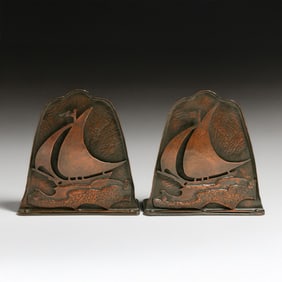Arts & Crafts Period Hammered Copper & Raised Cutout Sailing Ship Bookends c1910s
