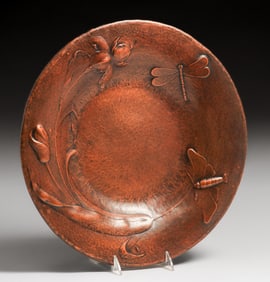 Arts & Crafts Repousse Hammered Copper Dragonfly Tray c1910